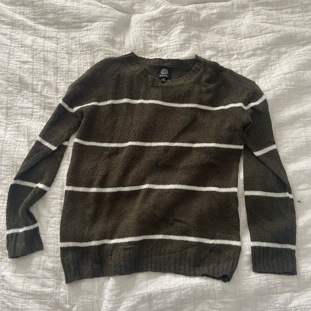 Bobeau Green and White Striped Sweater